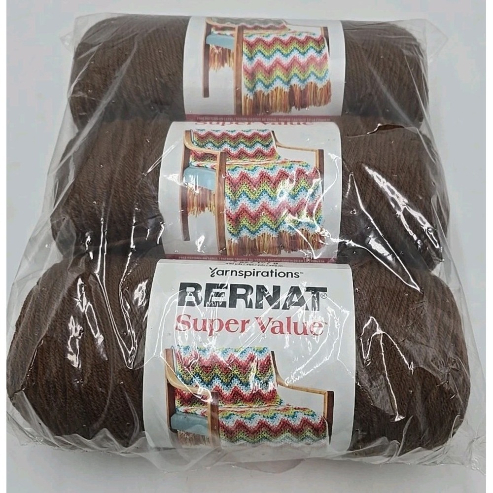 Bernat Super Value Yarn Lot 3 Skeins 7oz ea 100% Acrylic Worsted‎ WALNUT
